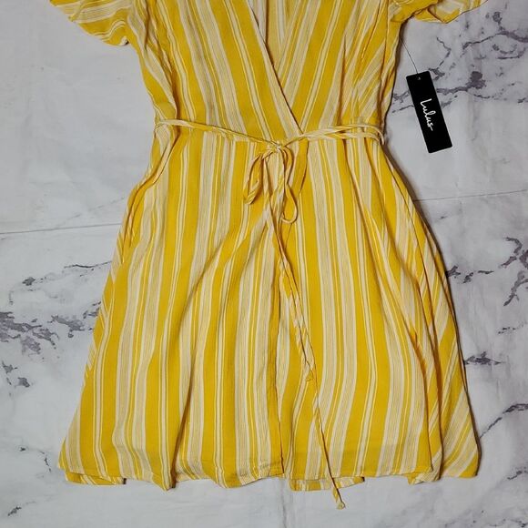 Lulu's Vibrant Yellow and White Striped Wrap Mini Dress - Picture 3 of 6